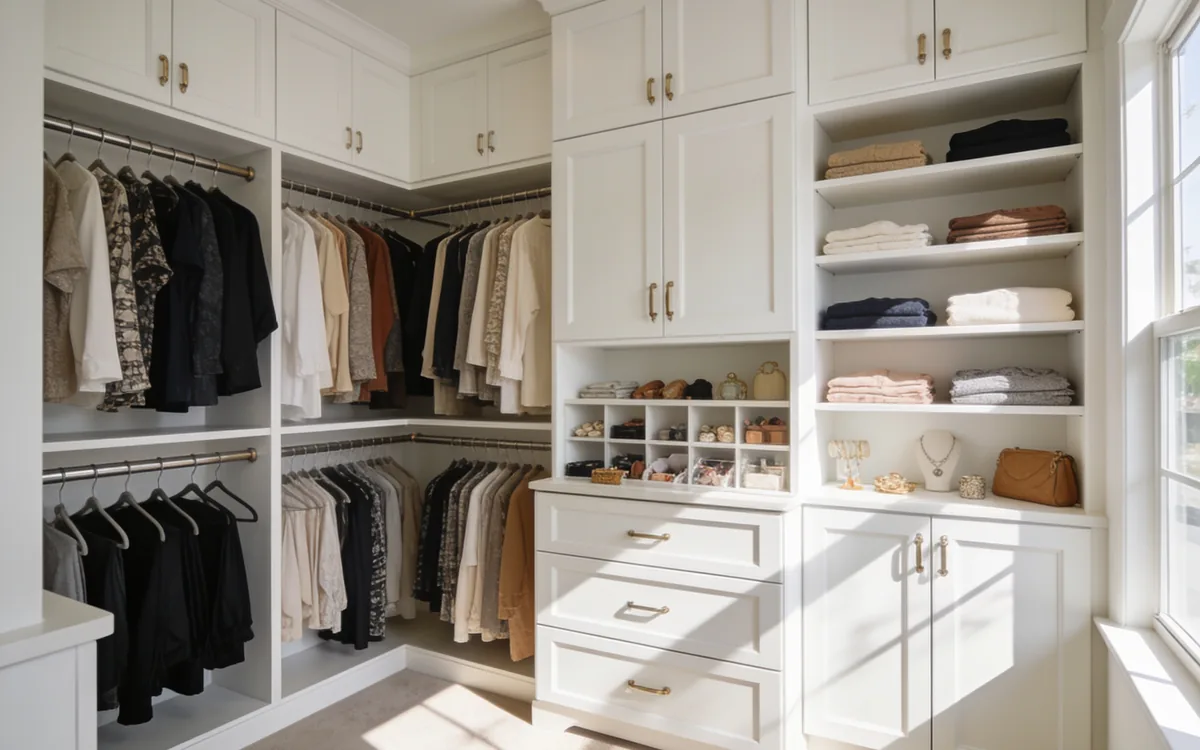 Custom white built-in closet system with hanging rods, drawers and open shelving in a Florida home