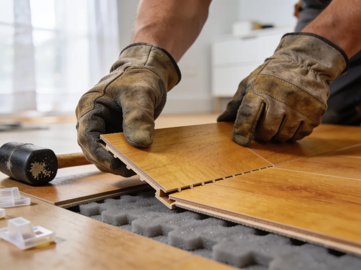 Installer fitting luxury vinyl plank flooring in a Florida home