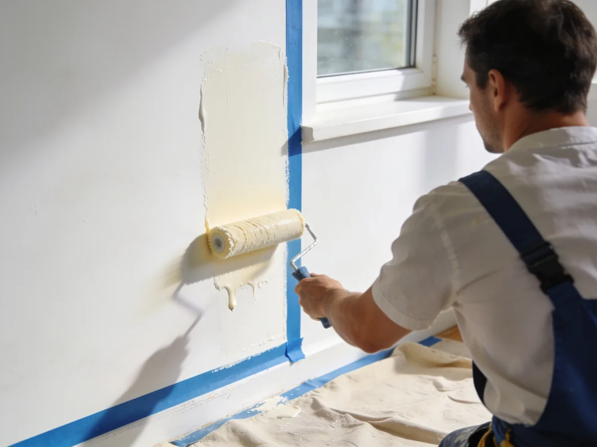 Painter rolling fresh paint onto an interior wall with taped edges