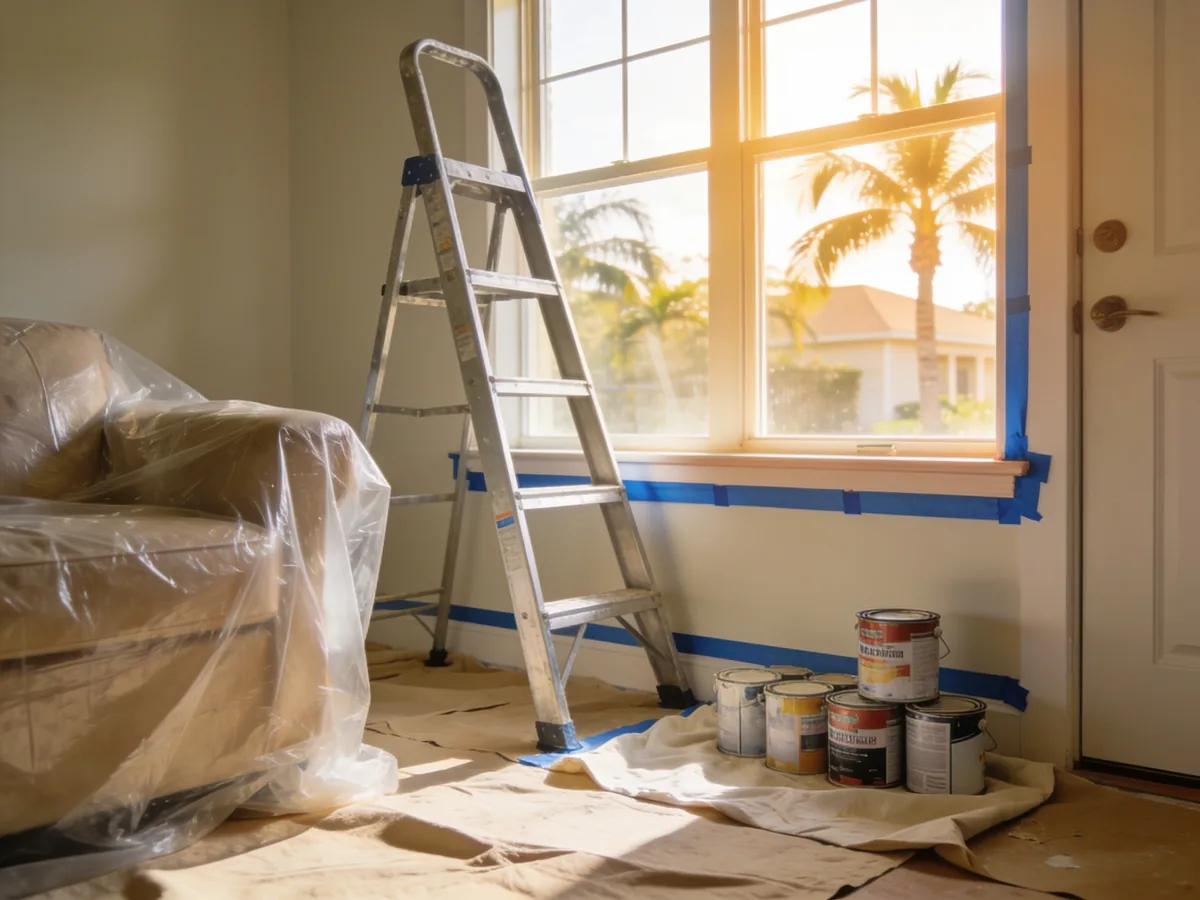 Renovation work area with floors protected by drop cloths and painter's tape